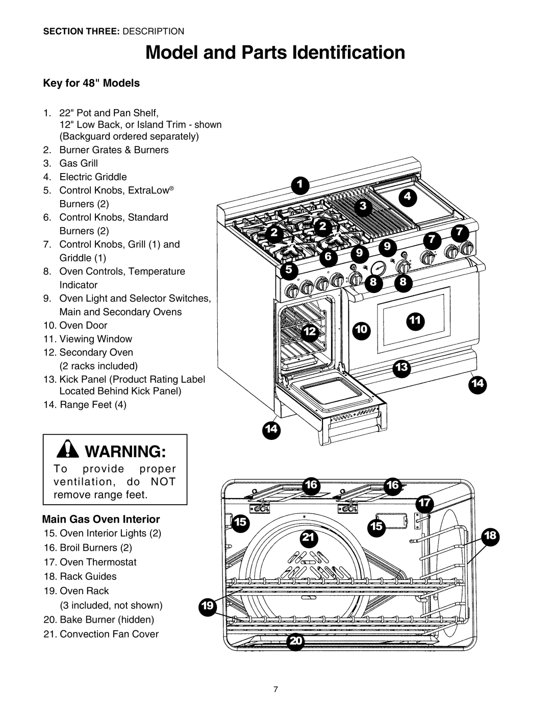 Thermador PRG36, PRG30 manual Model and Parts Identification, Key for 48 Models, Main Gas Oven Interior 