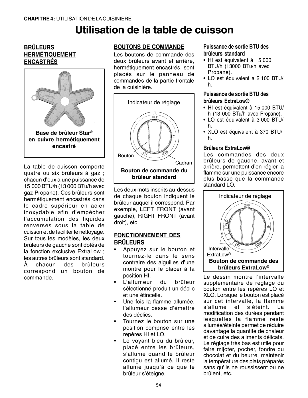 Thermador PRG30, PRG36 manual Utilisation de la table de cuisson, Brûleurs Hermétiquement Encastrés, Boutons De Commande 