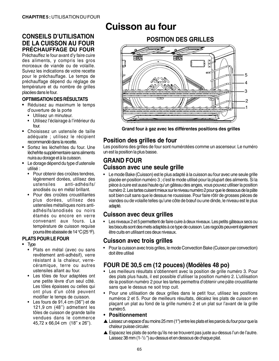 Thermador PRG36, PRG30 manual Cuisson au four, Position Des Grilles, Position des grilles de four, Cuisson avec deux grilles 