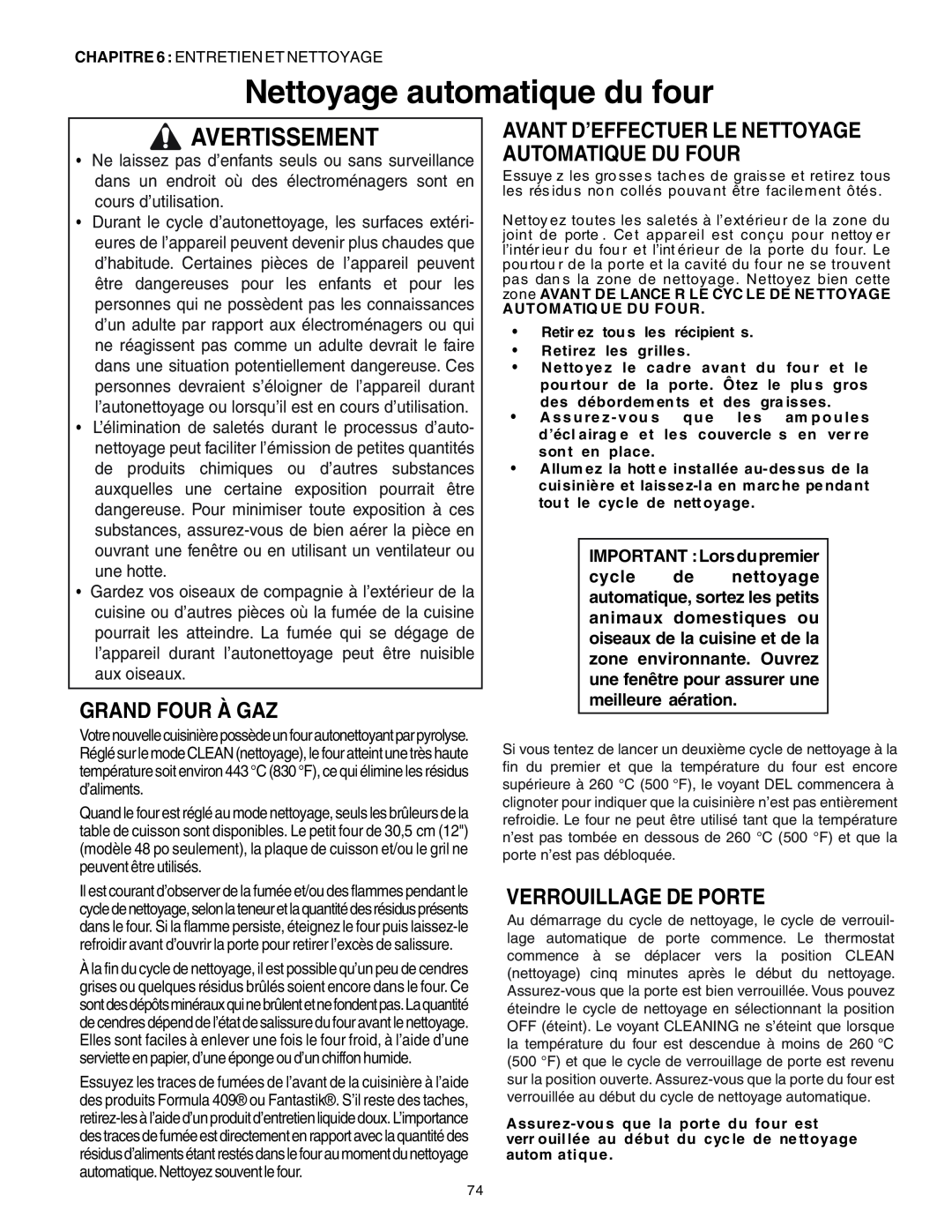 Thermador PRG30, PRG36 manual Nettoyage automatique du four, Grand Four À Gaz, Verrouillage De Porte, Avertissement 
