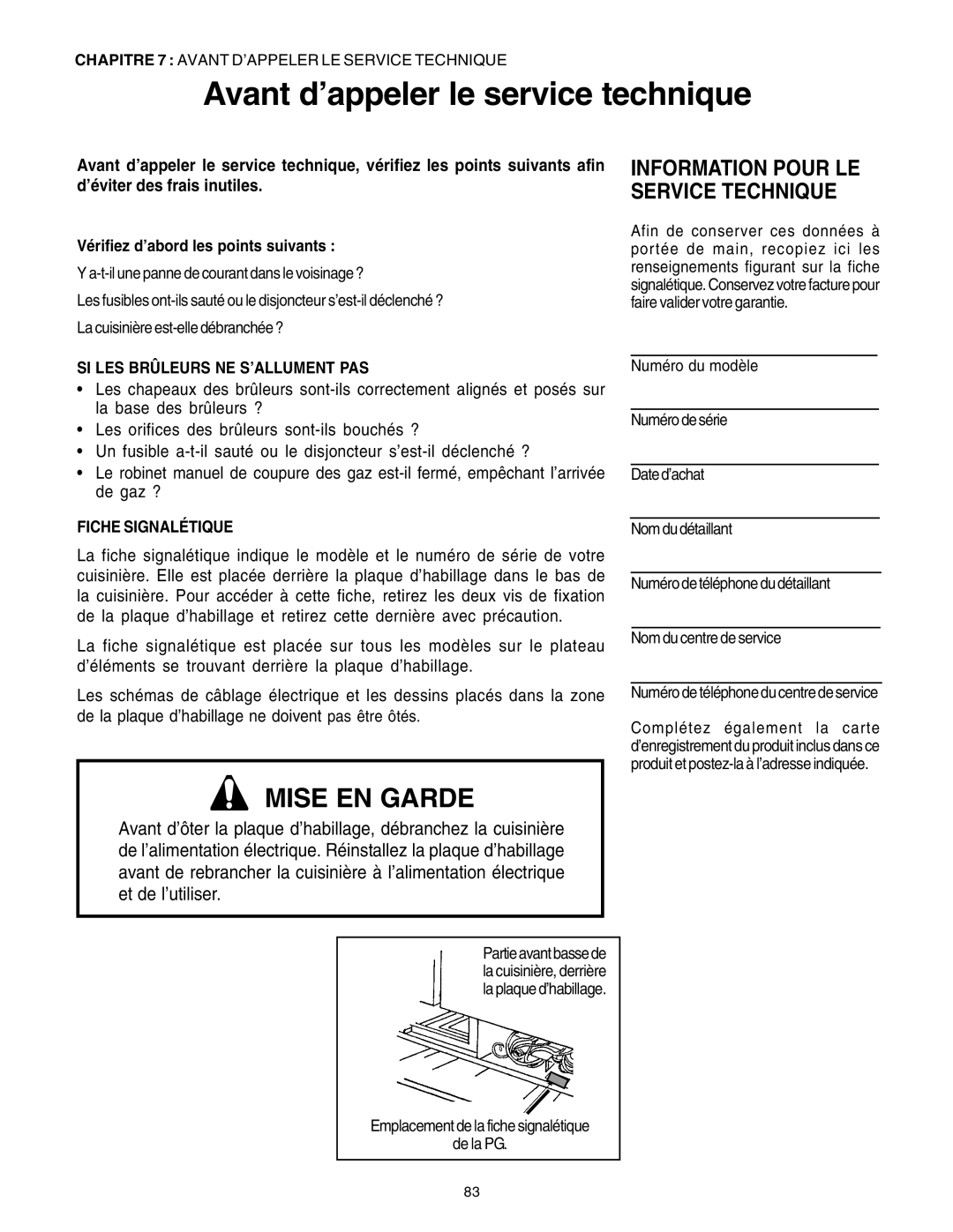 Thermador PRG36, PRG30 manual Avant d’appeler le service technique, Information Pour Le Service Technique, Mise En Garde 