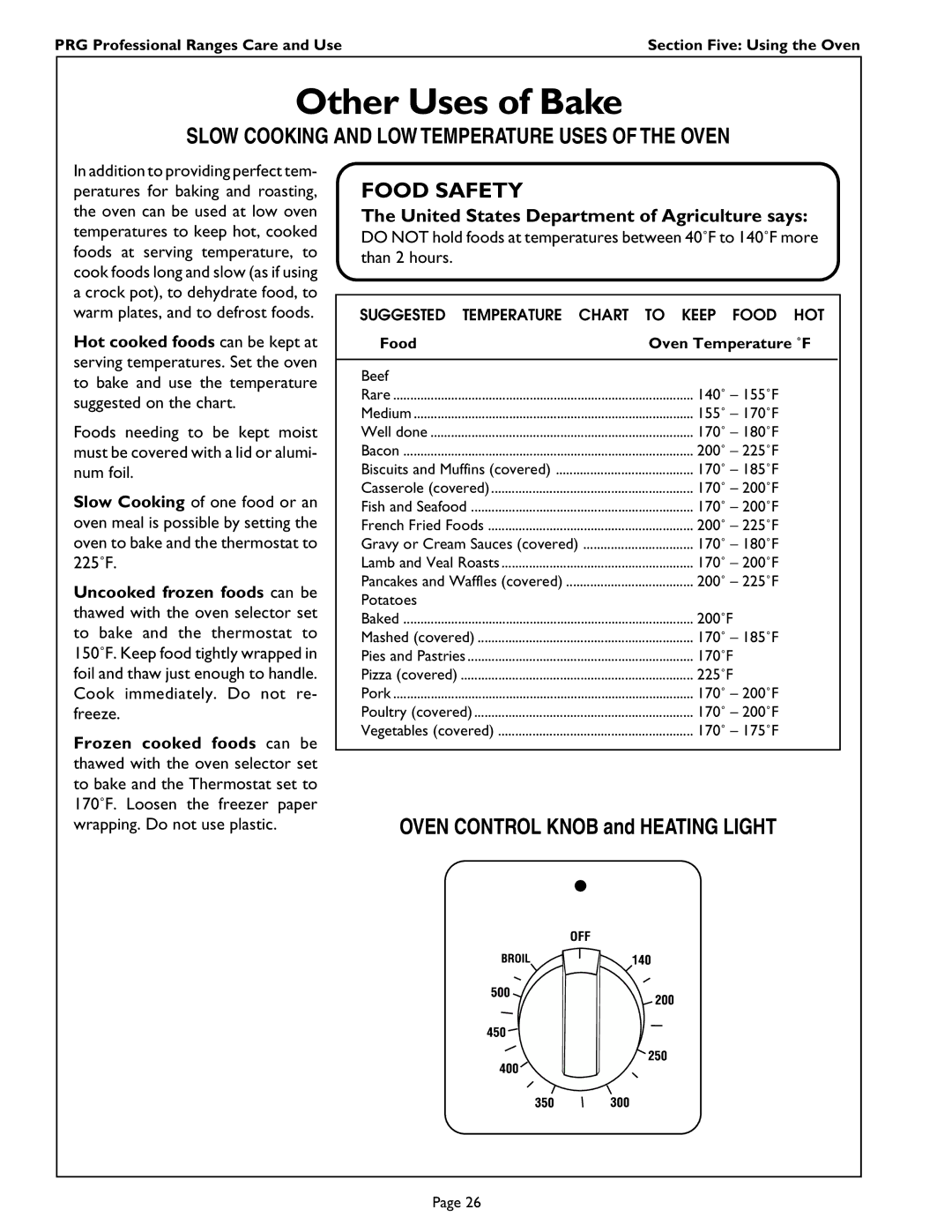 Thermador PRG484GG, PRG304 PRG364GL Other Uses of Bake, Slow Cooking and LOW Temperature Uses of the Oven, Food Safety 