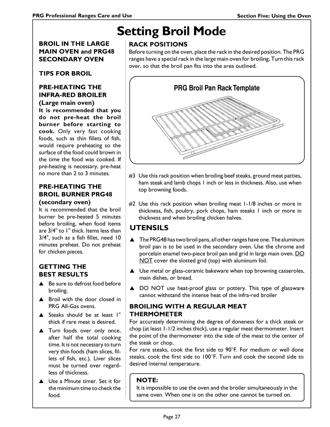 Thermador PRG304 PRG364GL, PRG486GD, PRG486GL Setting Broil Mode, Secondary Oven Tips for Broil, Getting Best Results 