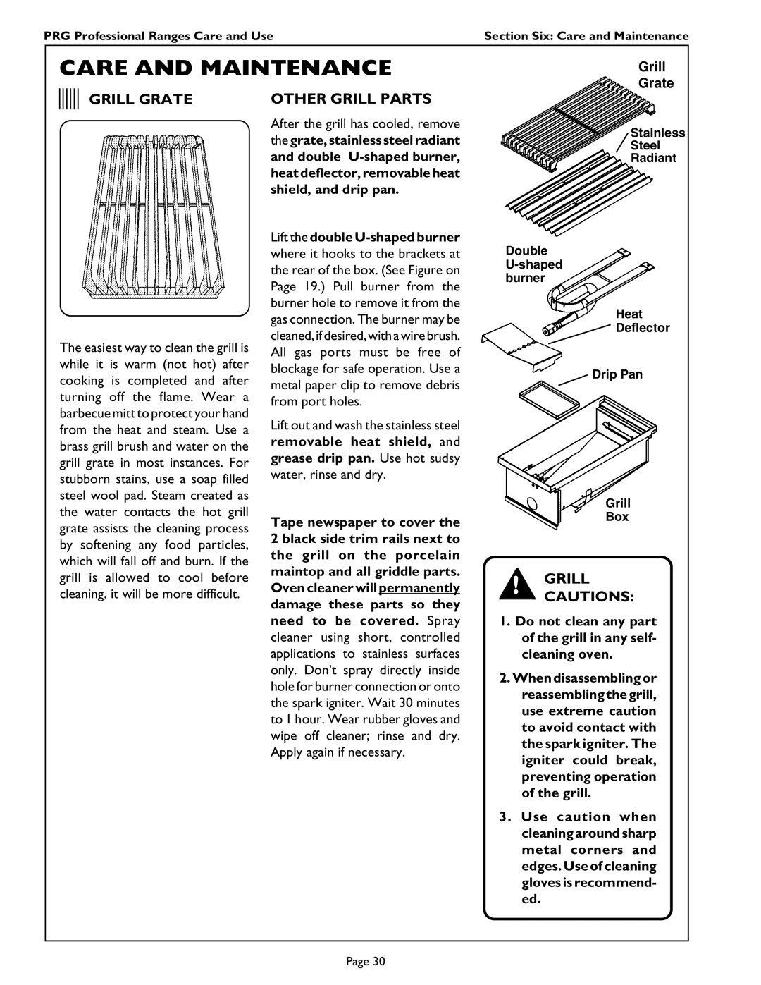 Thermador PRG486GL, PRG304 PRG364GL, PRG486GD, PRG366 Care and Maintenance, Grill Grate, Other Grill Parts, Grill Cautions 