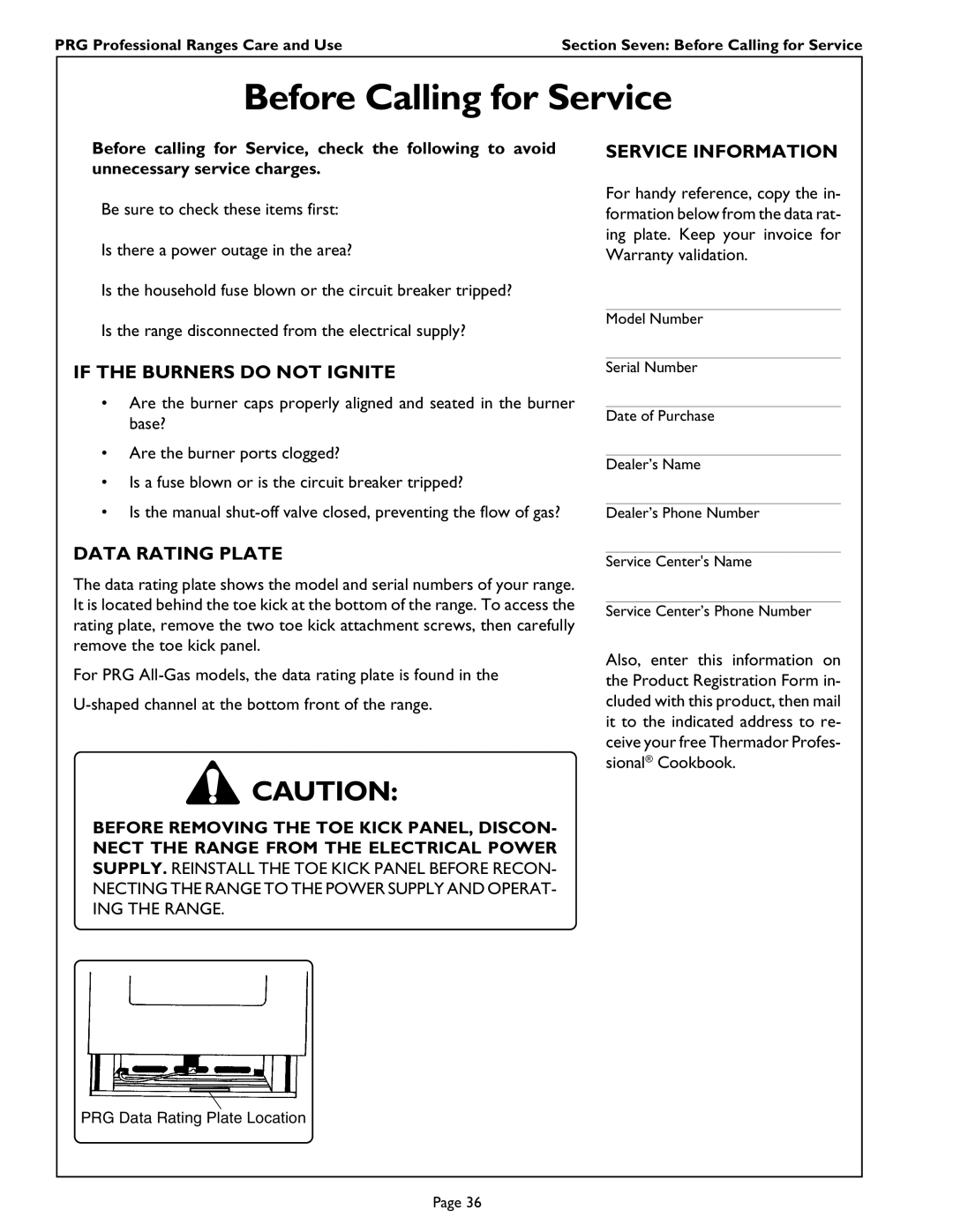 Thermador PRG486GL manual Before Calling for Service, If the Burners do not Ignite, Data Rating Plate, Service Information 