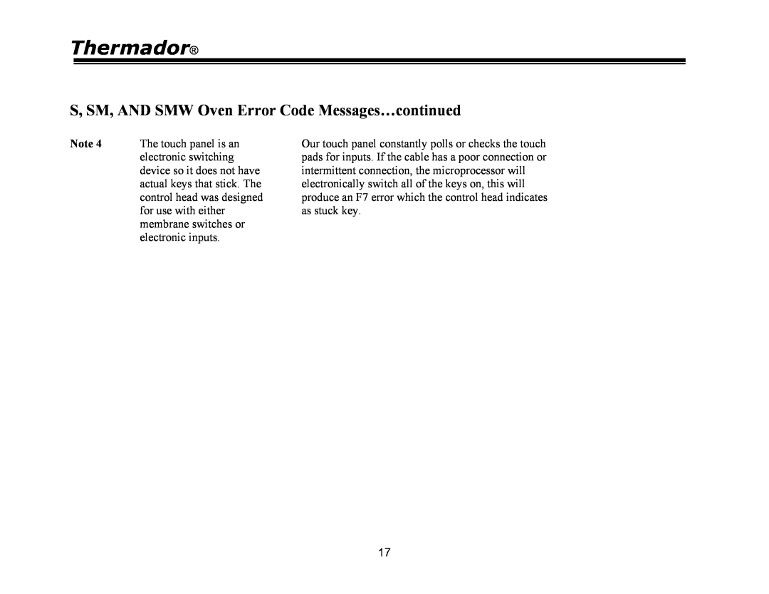 Thermador PDR30, PRG48, PRG30, PRG36, PDR36, PDR48 manual Thermador, S, SM, AND SMW Oven Error Code Messages…continued 