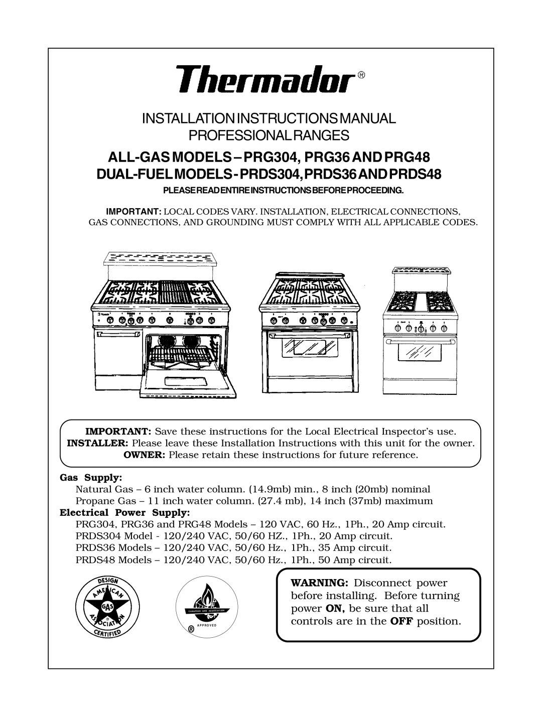 Thermador PRG304, PRDS36, PRDS48, PRDS304 installation instructions Corporation, Gas Supply 