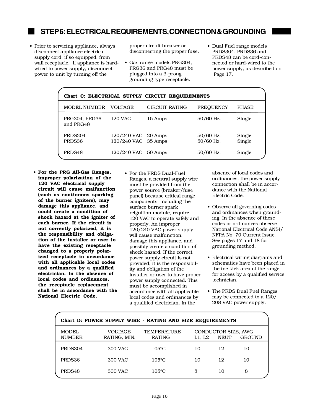 Thermador PRDS48, PRG48, PRG304 Electricalrequirements,Connection&Grounding, Chart C Electrical Supply Circuit Requirements 