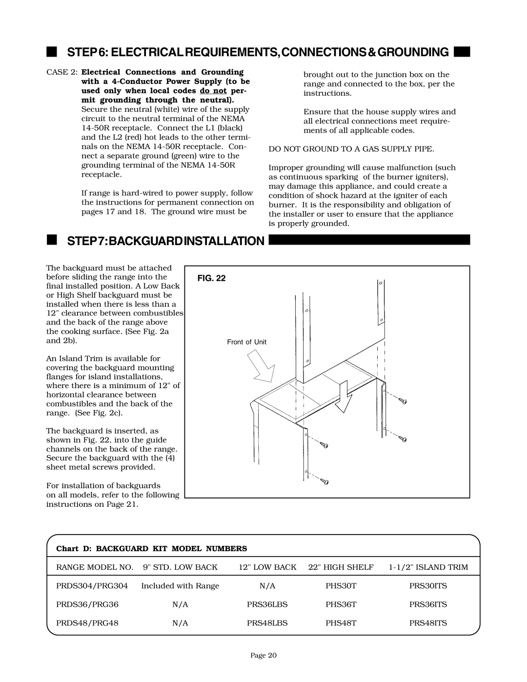 Thermador PRDS48 Electricalrequirements,Connections&Grounding, Backguardinstallation, Chart D Backguard KIT Model Numbers 