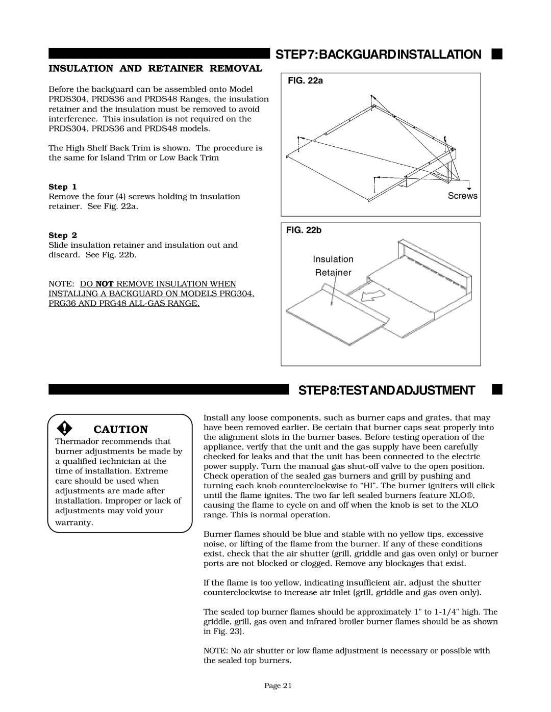 Thermador PRG36, PRG48, PRG304, PRDS48 installation instructions Testandadjustment, Step 