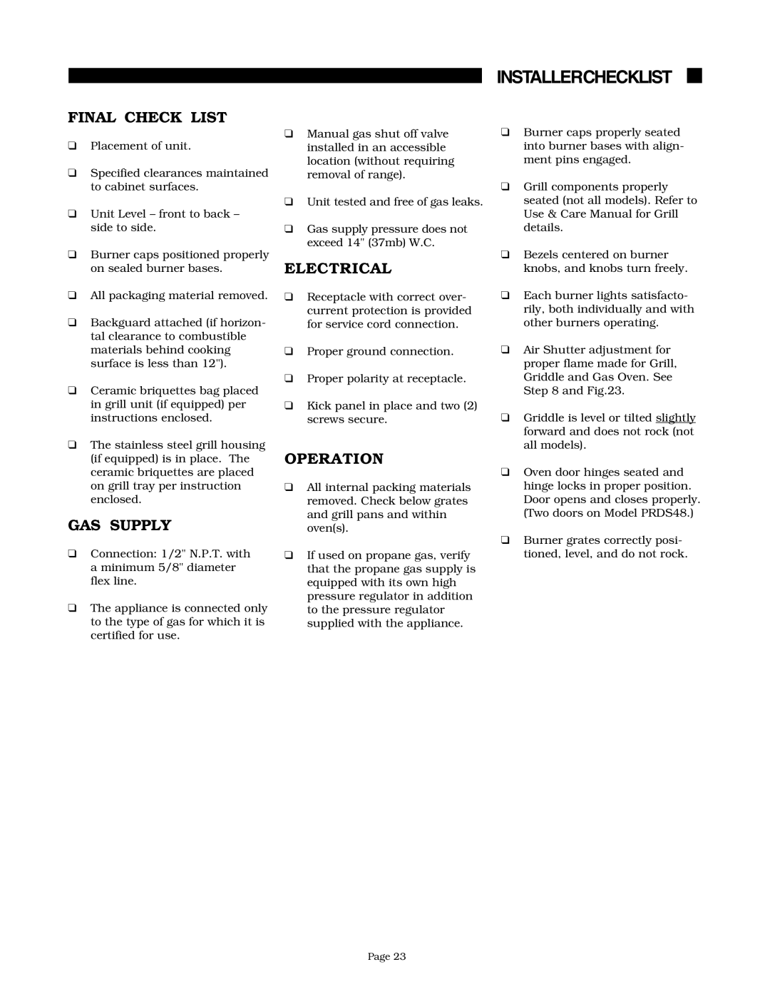 Thermador PRG304, PRG48, PRDS48, PRG36 Installerchecklist, Final Check List, GAS Supply, Electrical, Operation 