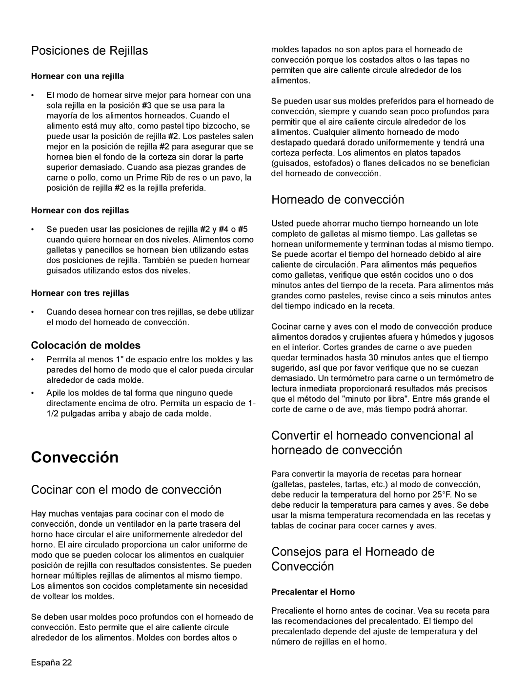 Thermador PRG30, PRL36, PRL30 Convección, Posiciones de Rejillas, Horneado de convección, Cocinar con el modo de convección 