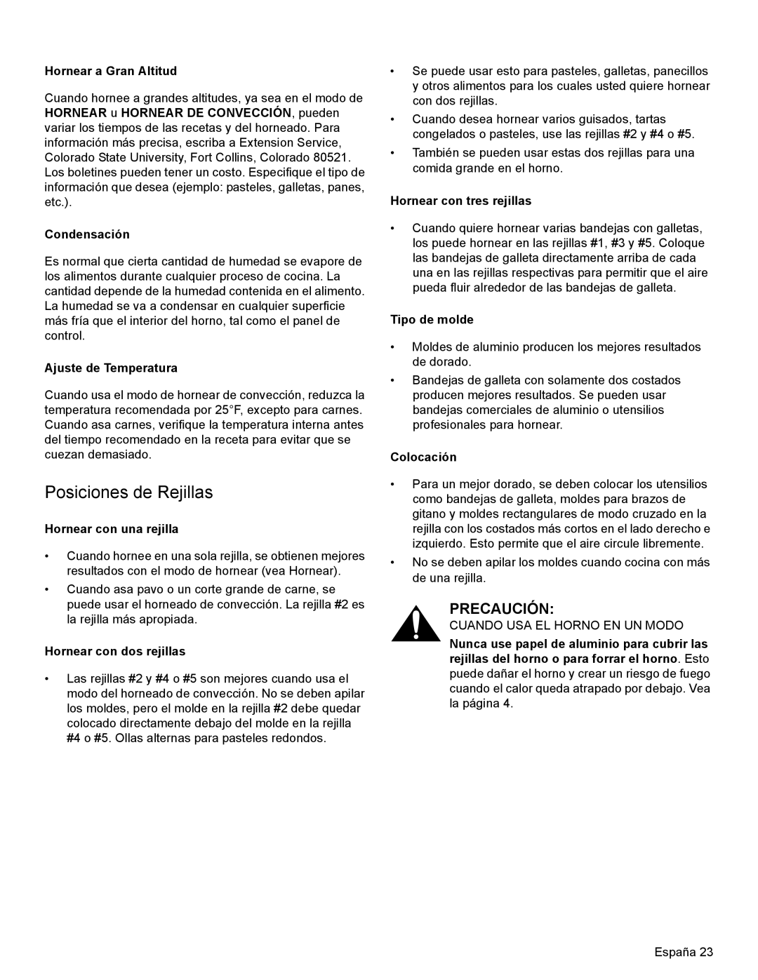 Thermador PRL30, PRL36, PRG30 manual Hornear a Gran Altitud, Condensación, Ajuste de Temperatura, Colocación 