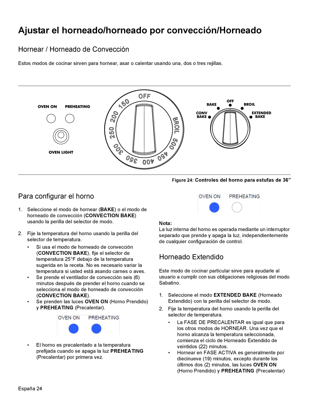 Thermador PRL36 Ajustar el horneado/horneado por convección/Horneado, Hornear / Horneado de Convección, Horneado Extendido 