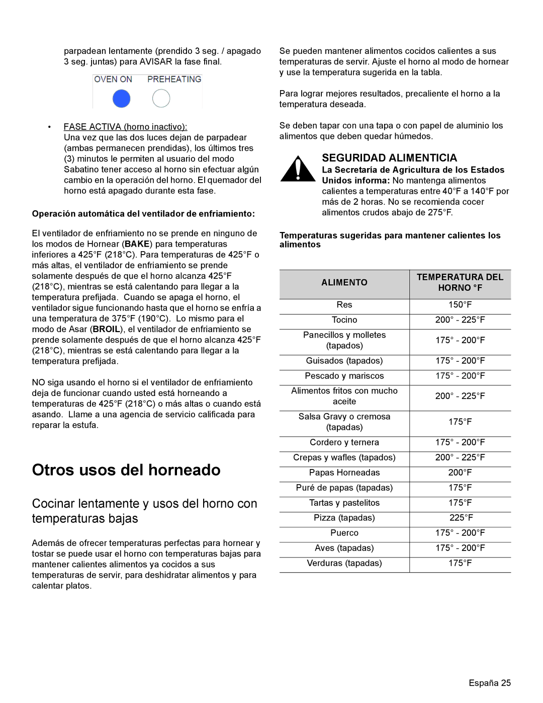 Thermador PRG30 Otros usos del horneado, Cocinar lentamente y usos del horno con temperaturas bajas, Seguridad Alimenticia 