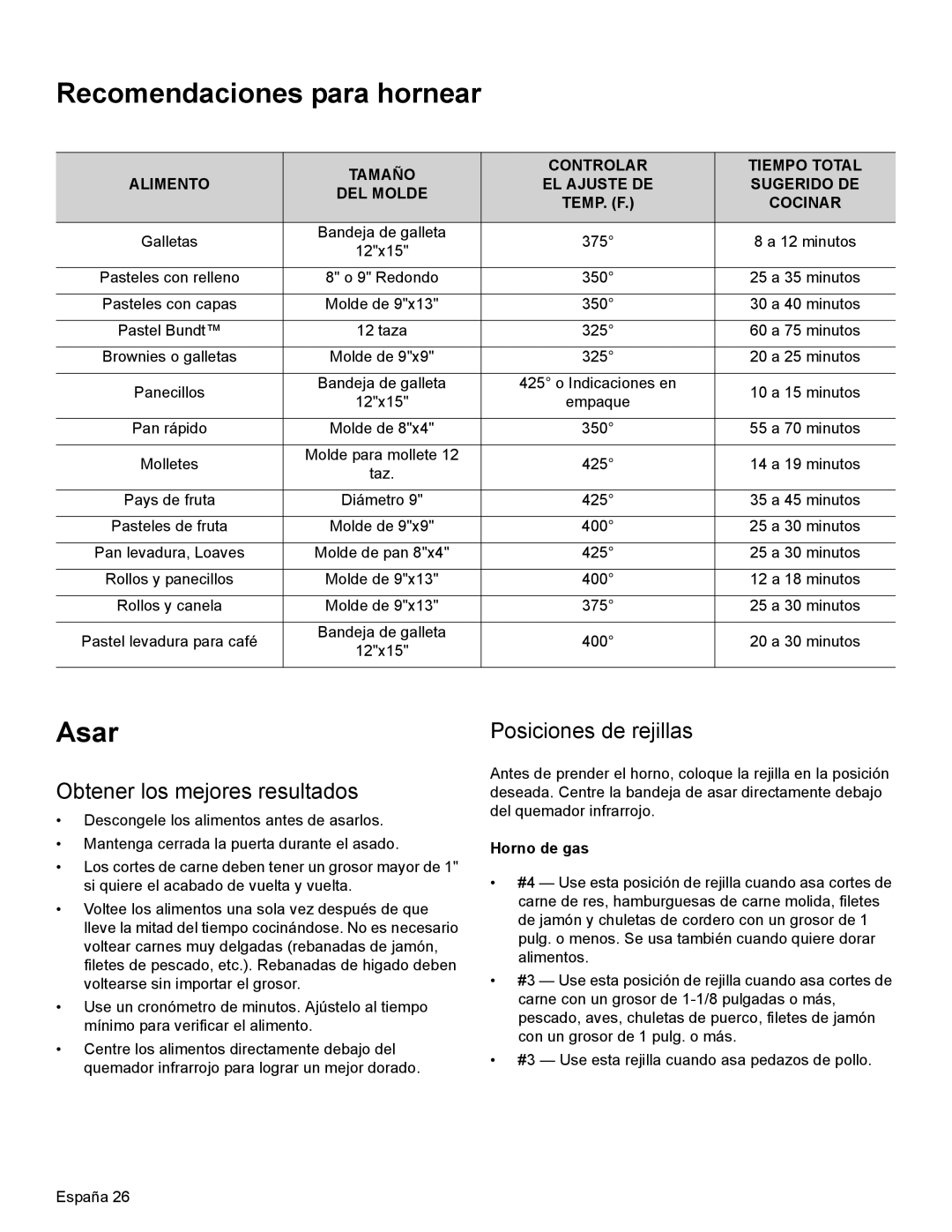 Thermador PRL30, PRL36, PRG30 Recomendaciones para hornear, Asar, Obtener los mejores resultados, Cocinar, Horno de gas 