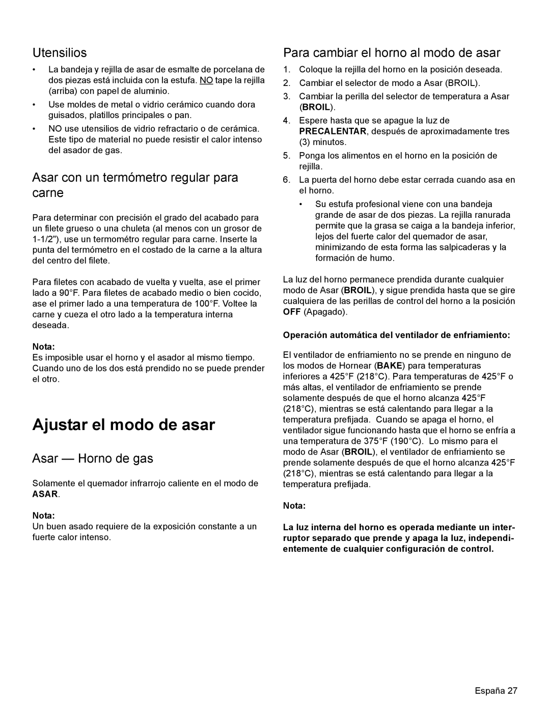 Thermador PRL36, PRG30 Ajustar el modo de asar, Utensilios, Asar con un termómetro regular para carne, Asar Horno de gas 