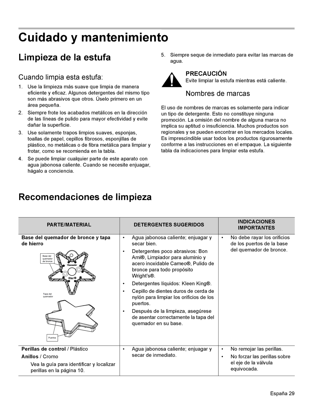 Thermador PRL30 Cuidado y mantenimiento, Limpieza de la estufa, Recomendaciones de limpieza, Cuando limpia esta estufa 