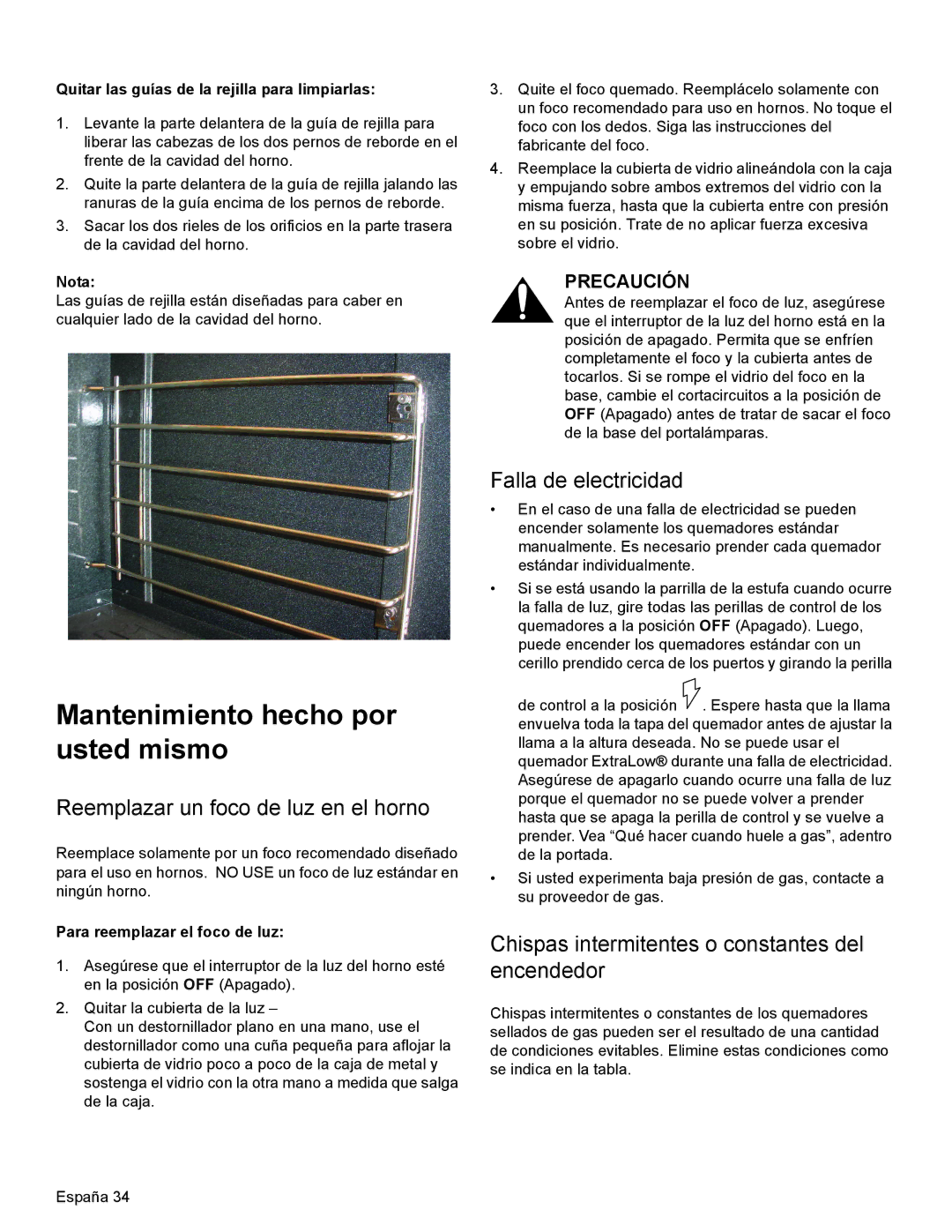 Thermador PRG30 Mantenimiento hecho por usted mismo, Reemplazar un foco de luz en el horno, Para reemplazar el foco de luz 