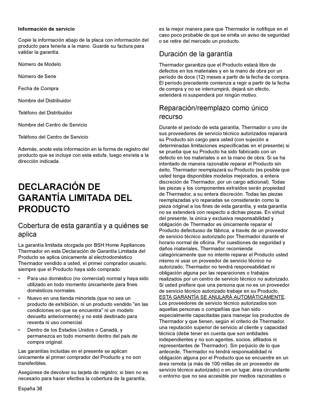 Thermador PRL36, PRG30 Cobertura de esta garantía y a quiénes se aplica, Duración de la garantía, Información de servicio 