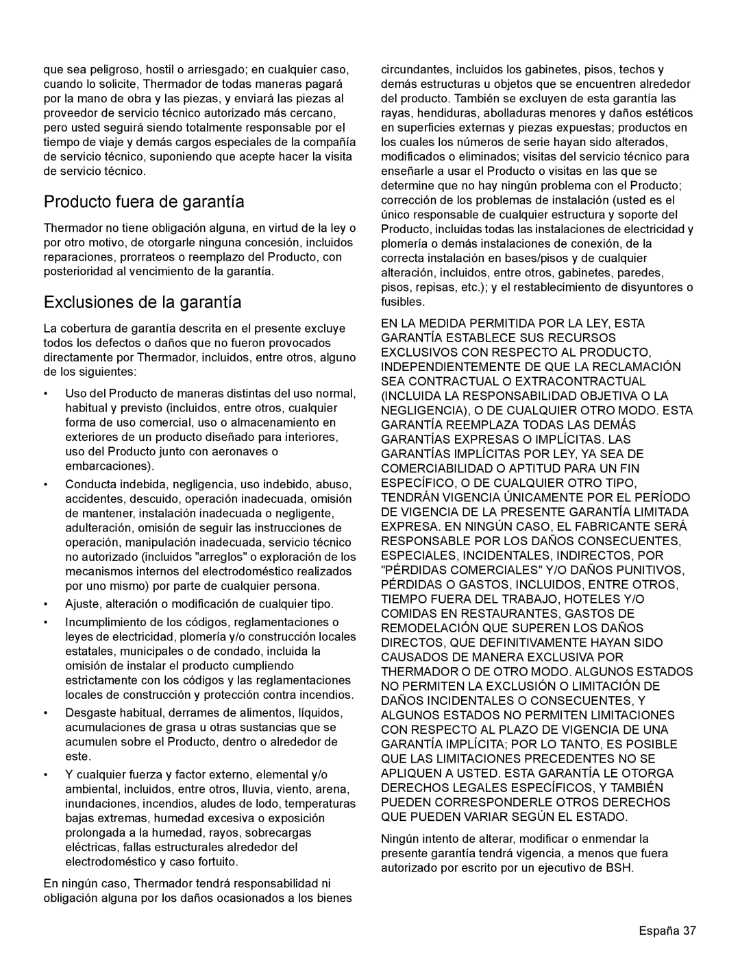 Thermador PRG30, PRL36, PRL30 manual Producto fuera de garantía, Exclusiones de la garantía 