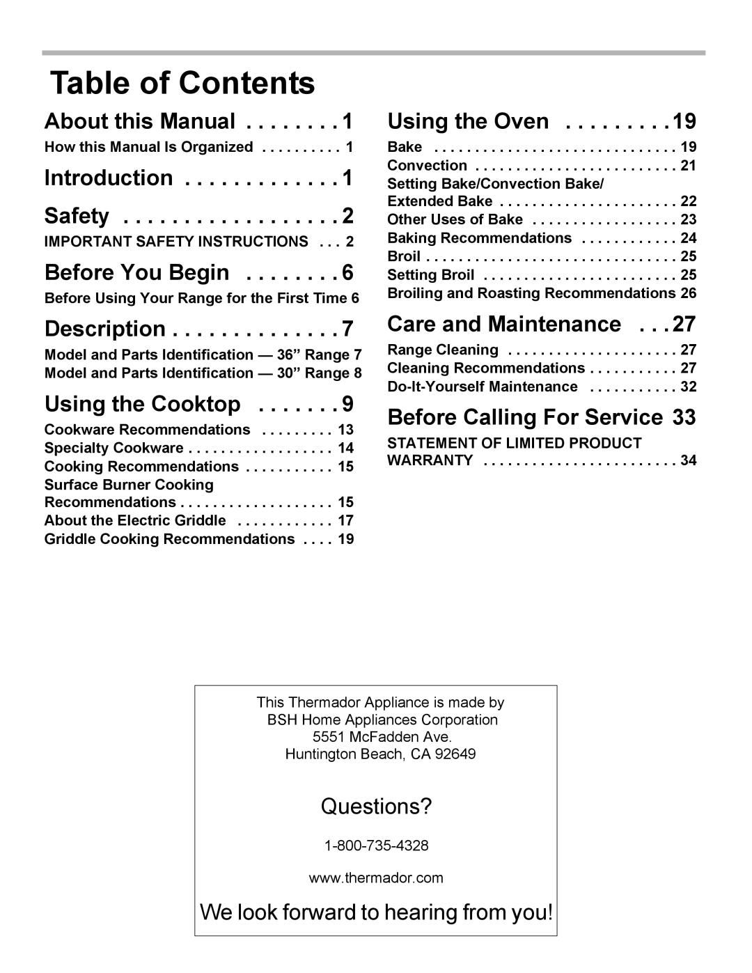 Thermador PRL30, PRL36, PRG30 manual Table of Contents 