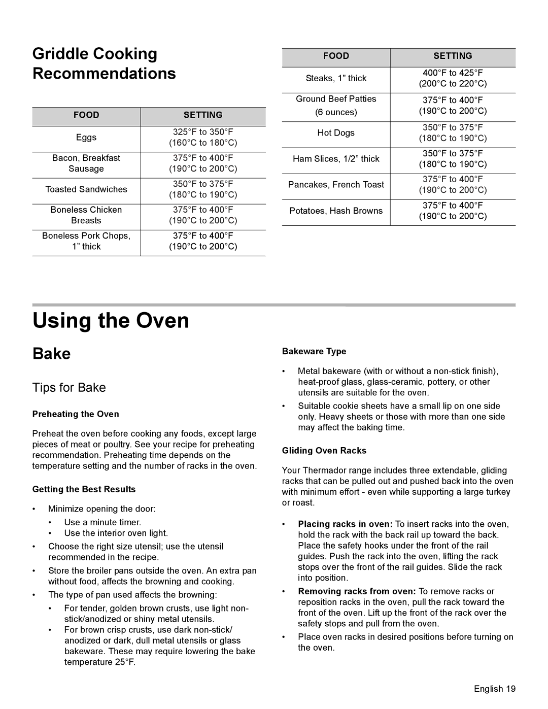 Thermador PRL36, PRG30, PRL30 manual Using the Oven, Griddle Cooking Recommendations, Tips for Bake, Food Setting 