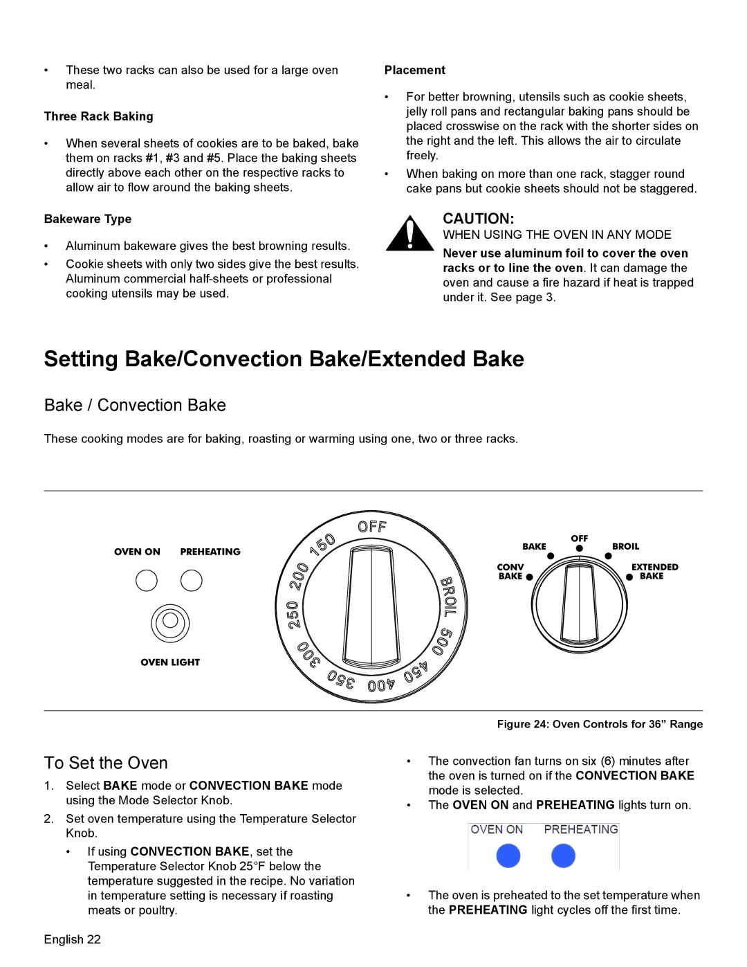 Thermador PRL36, PRG30 manual Setting Bake/Convection Bake/Extended Bake, Bake / Convection Bake, To Set the Oven, Placement 