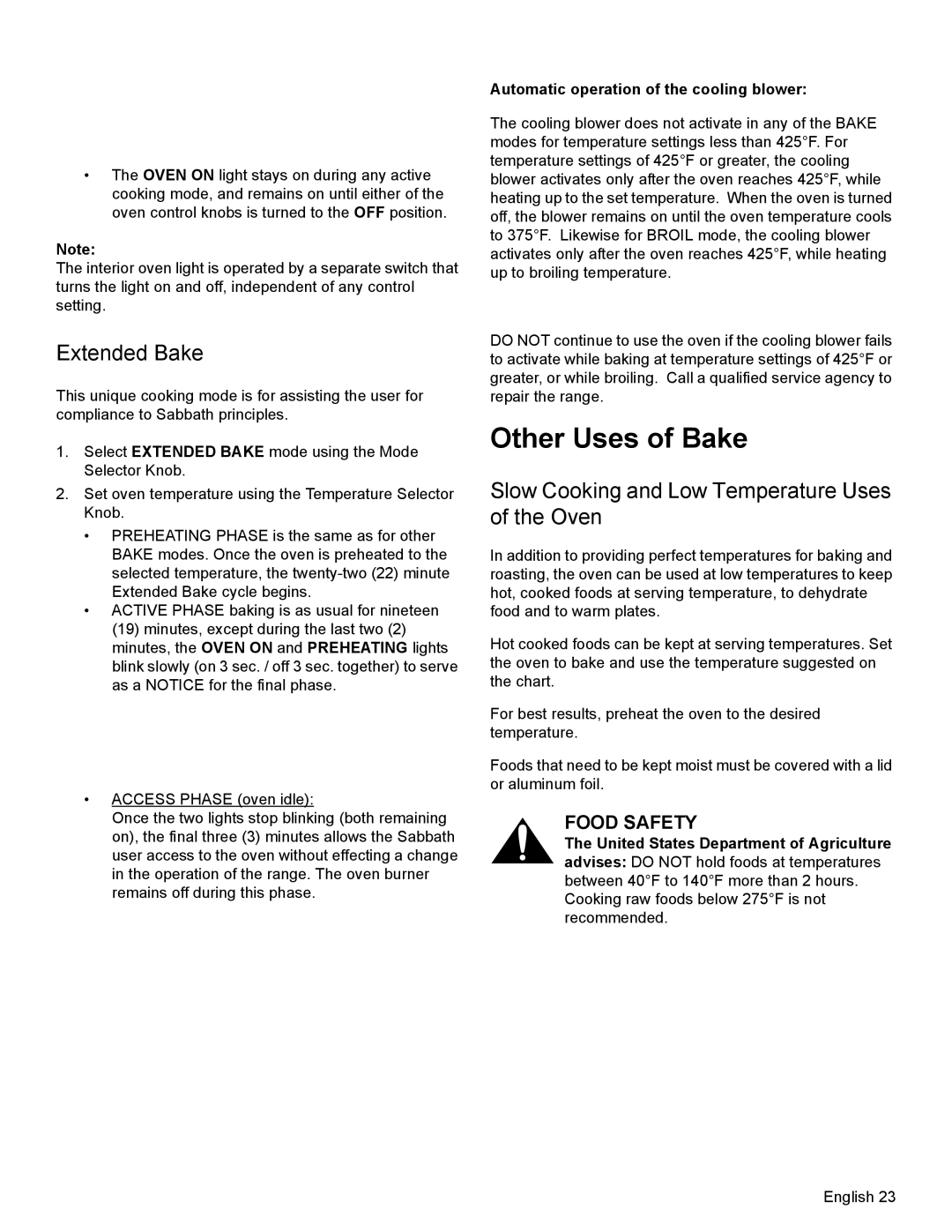 Thermador PRG30, PRL36 Other Uses of Bake, Extended Bake, Slow Cooking and Low Temperature Uses of the Oven, Food Safety 