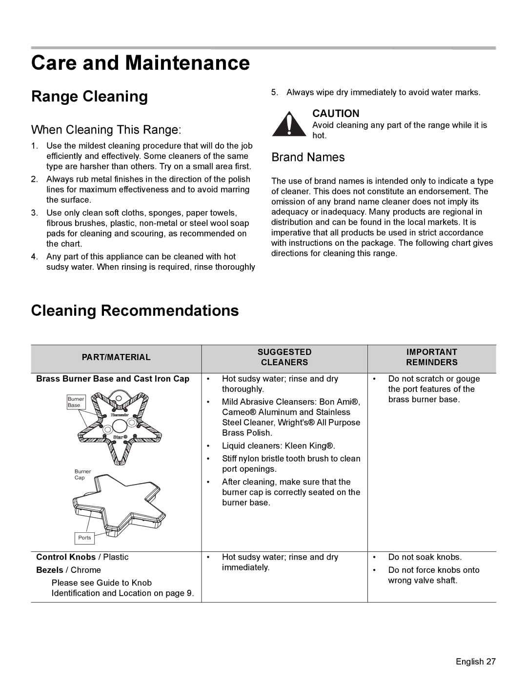 Thermador PRL30 Care and Maintenance, Range Cleaning, Cleaning Recommendations, When Cleaning This Range, Brand Names 