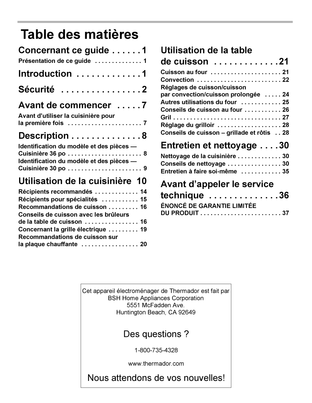 Thermador PRL30, PRL36, PRG30 manual Concernant ce guide, Utilisation de la table De cuisson, Entretien et nettoyage 