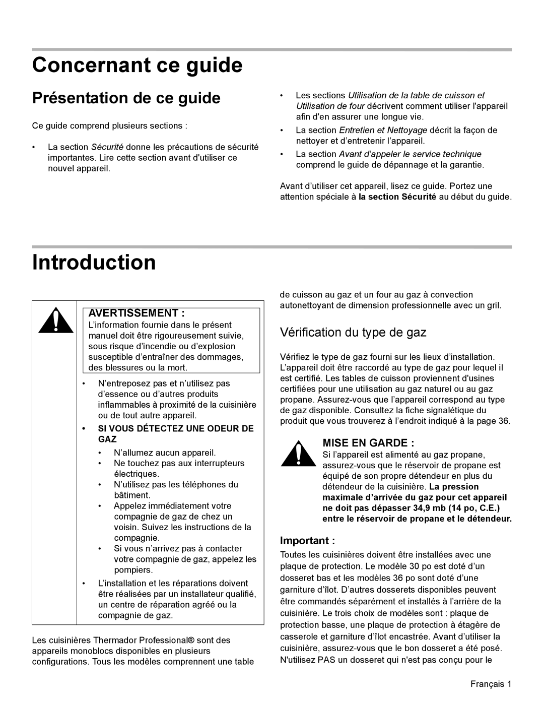 Thermador PRL36 Concernant ce guide, Présentation de ce guide, Vérification du type de gaz, Avertissement, Mise EN Garde 