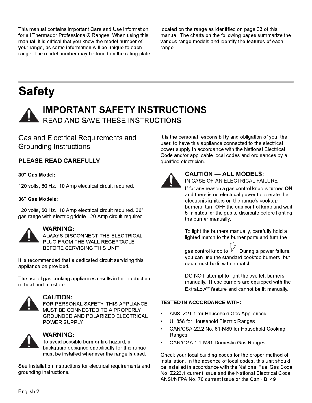 Thermador PRG30, PRL36, PRL30 Safety, Gas and Electrical Requirements and Grounding Instructions, Please Read Carefully 