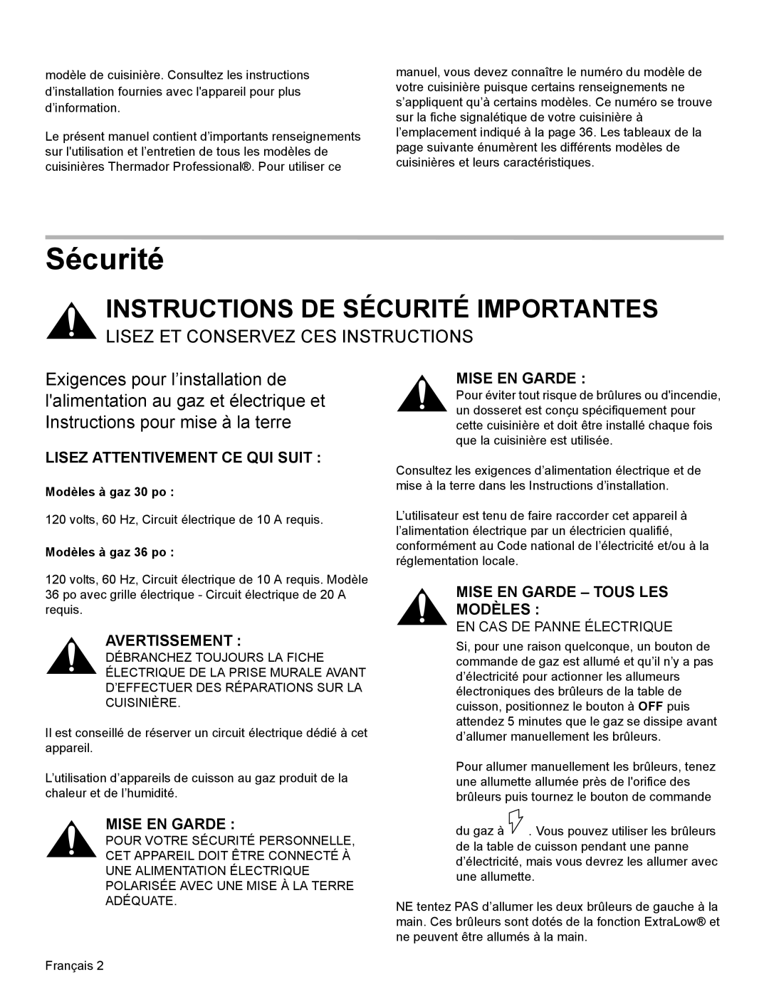 Thermador PRG30, PRL36 manual Sécurité, Lisez Attentivement CE QUI Suit, Mise EN Garde Tous LES Modèles, Modèles à gaz 30 po 