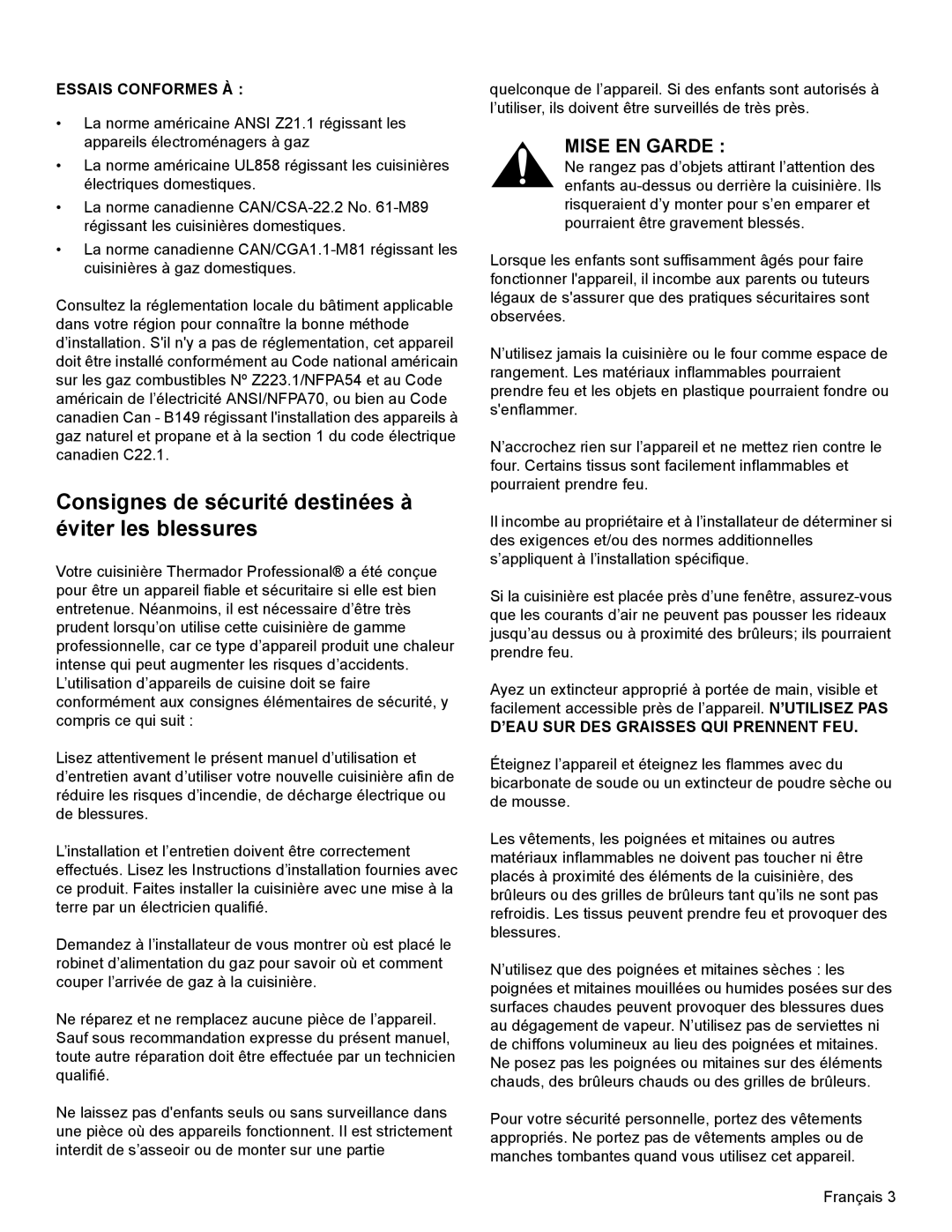 Thermador PRL30, PRL36, PRG30 manual Essais Conformes À, ’EAU SUR DES Graisses QUI Prennent FEU 