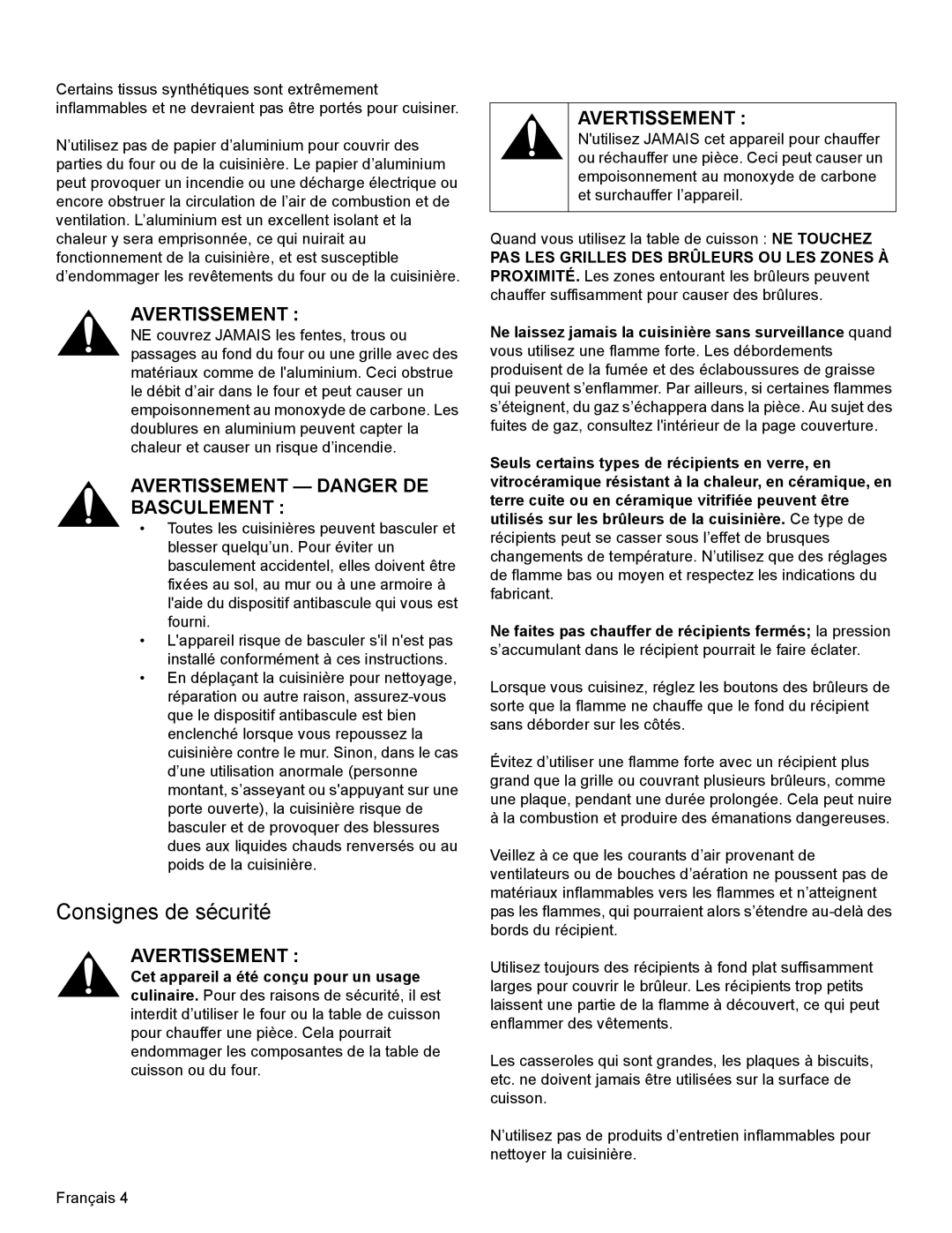 Thermador PRL36, PRG30, PRL30 manual Consignes de sécurité, Avertissement Danger DE Basculement 