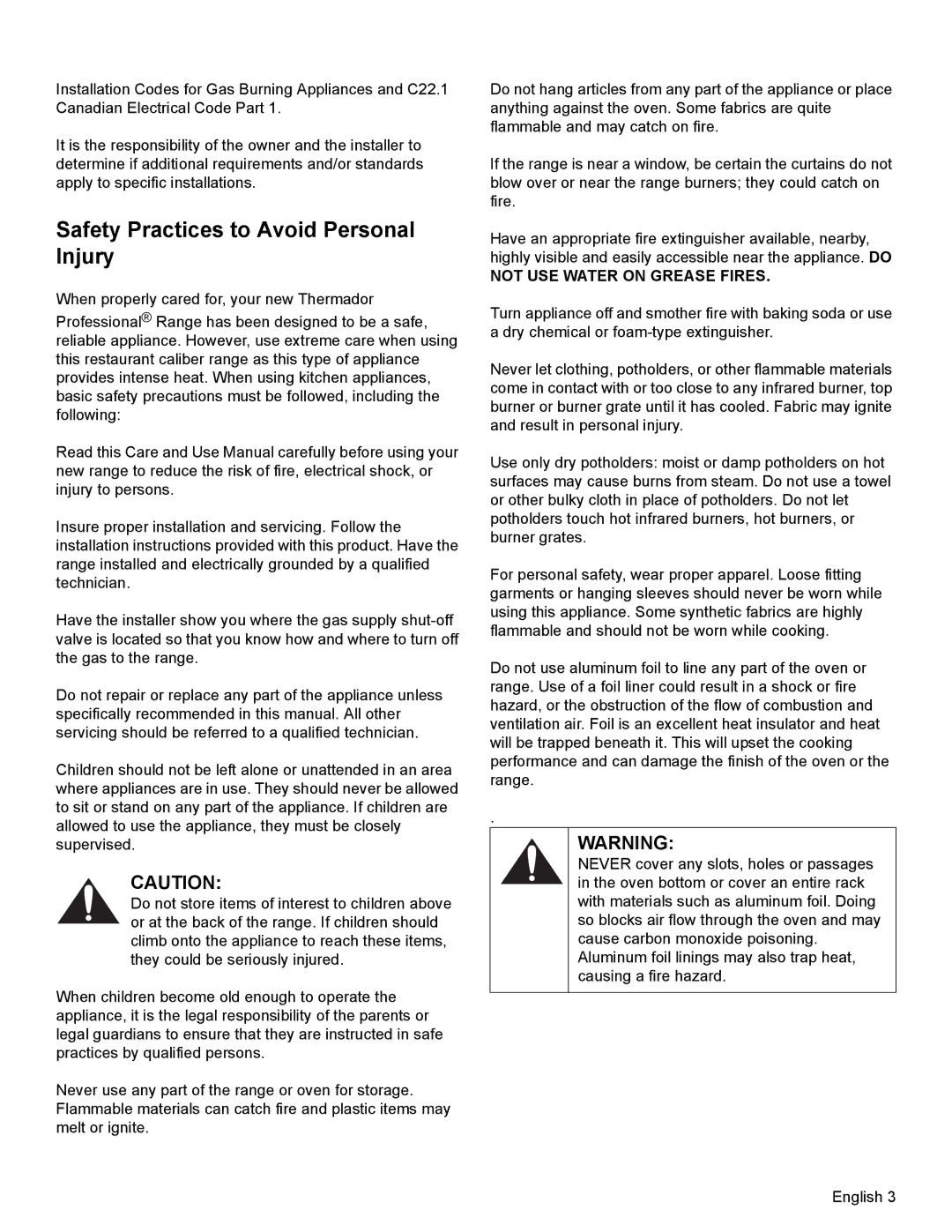 Thermador PRL30, PRL36, PRG30 manual Safety Practices to Avoid Personal Injury, Not USE Water on Grease Fires 