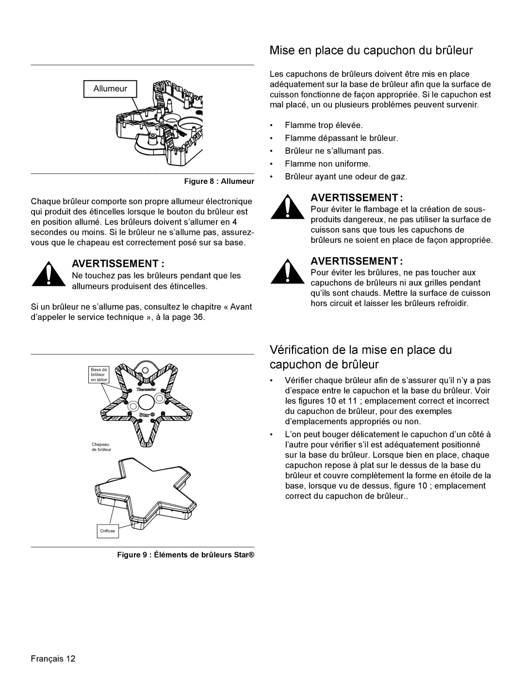 Thermador PRL30, PRL36, PRG30 Mise en place du capuchon du brûleur, Vérification de la mise en place du capuchon de brûleur 