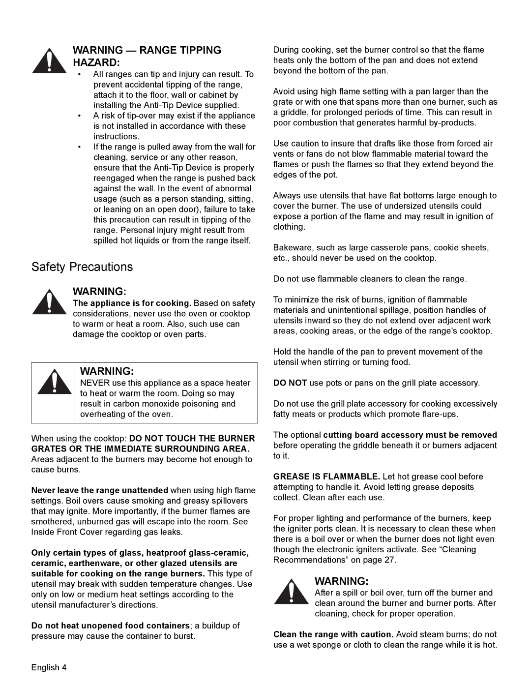 Thermador PRL36, PRG30, PRL30 manual Safety Precautions, Hazard 