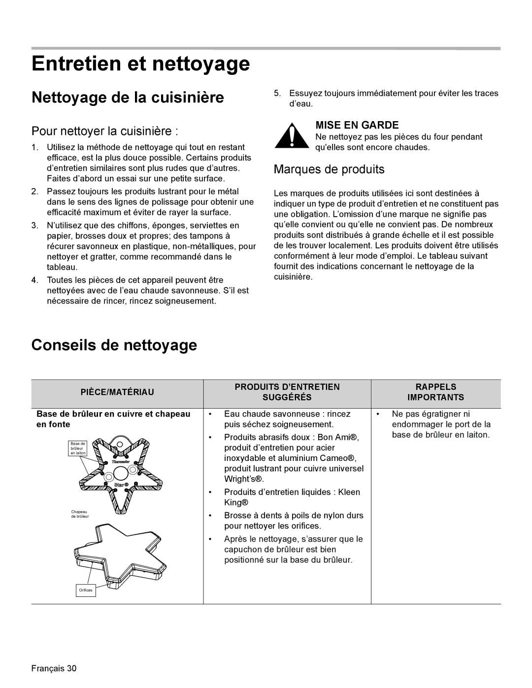 Thermador PRL30 Entretien et nettoyage, Nettoyage de la cuisinière, Conseils de nettoyage, Pour nettoyer la cuisinière 