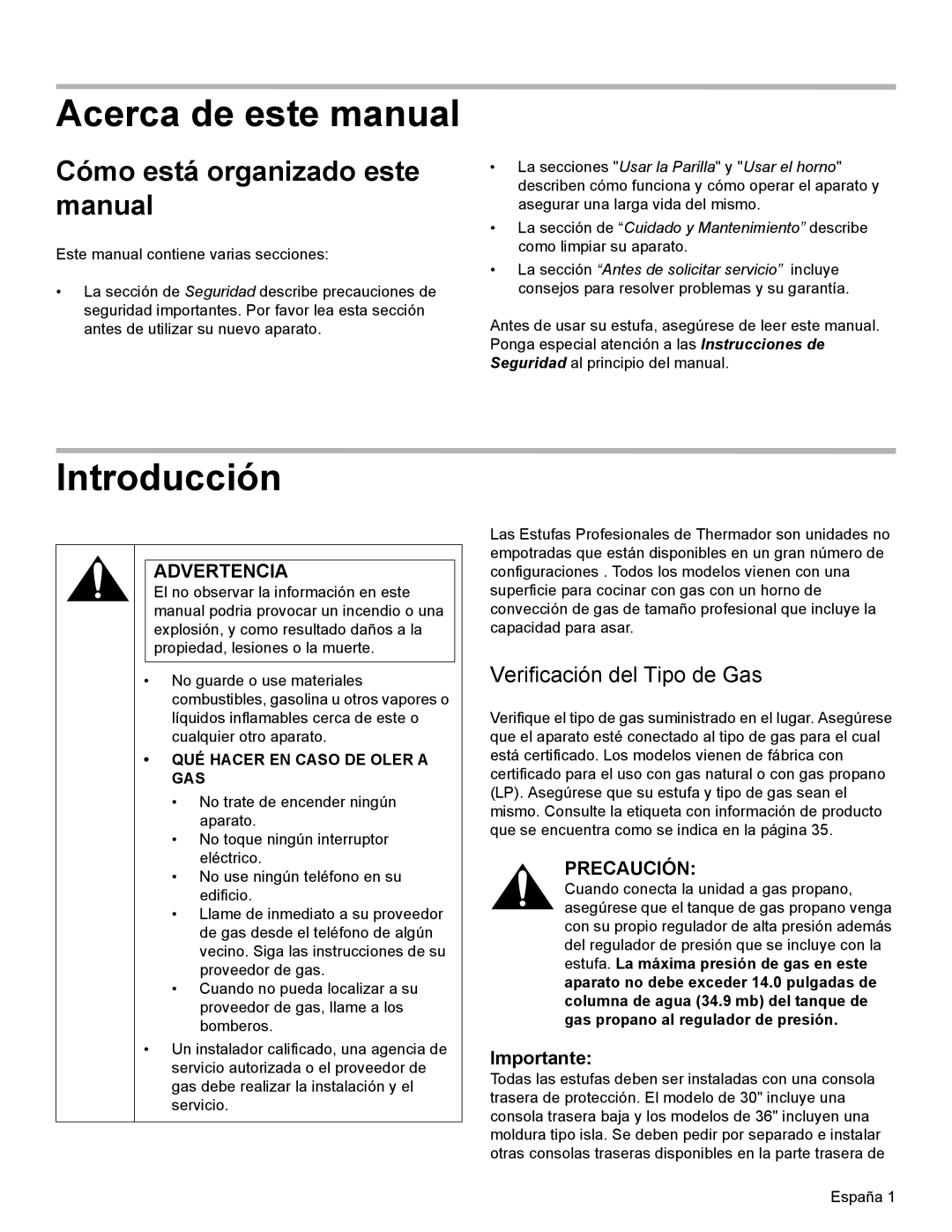 Thermador PRG30, PRL36 Acerca de este manual, Introducción, Cómo está organizado este manual, Verificación del Tipo de Gas 