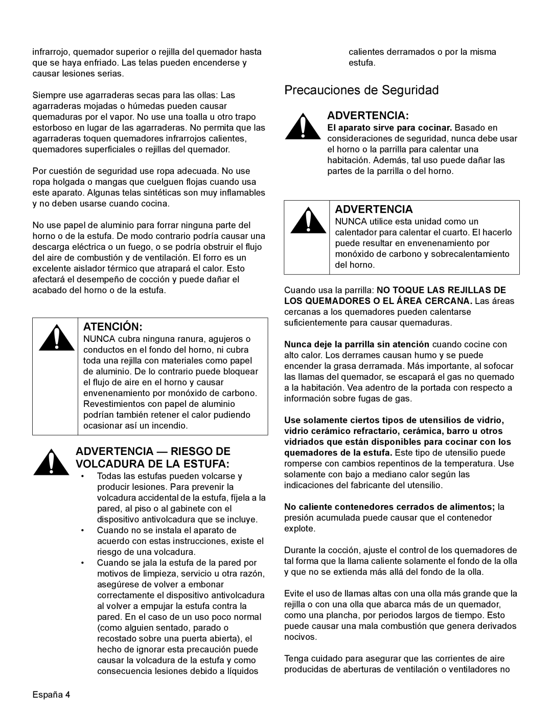 Thermador PRG30, PRL36, PRL30 manual Precauciones de Seguridad, Atención, Advertencia Riesgo DE Volcadura DE LA Estufa 