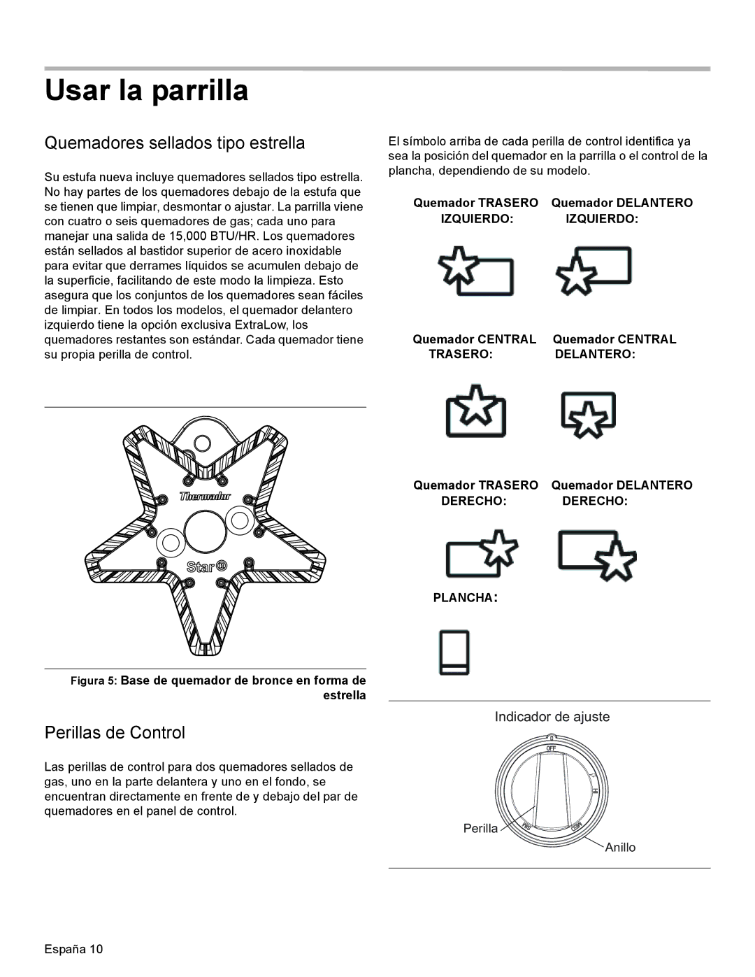 Thermador PRG30, PRL36, PRL30 manual Usar la parrilla, Quemadores sellados tipo estrella, Perillas de Control 