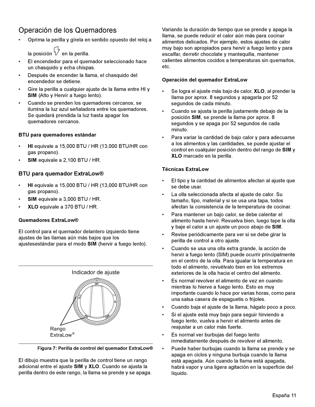 Thermador PRL30, PRL36 Operación de los Quemadores, BTU para quemadores estándar, Quemadores ExtraLow, Técnicas ExtraLow 