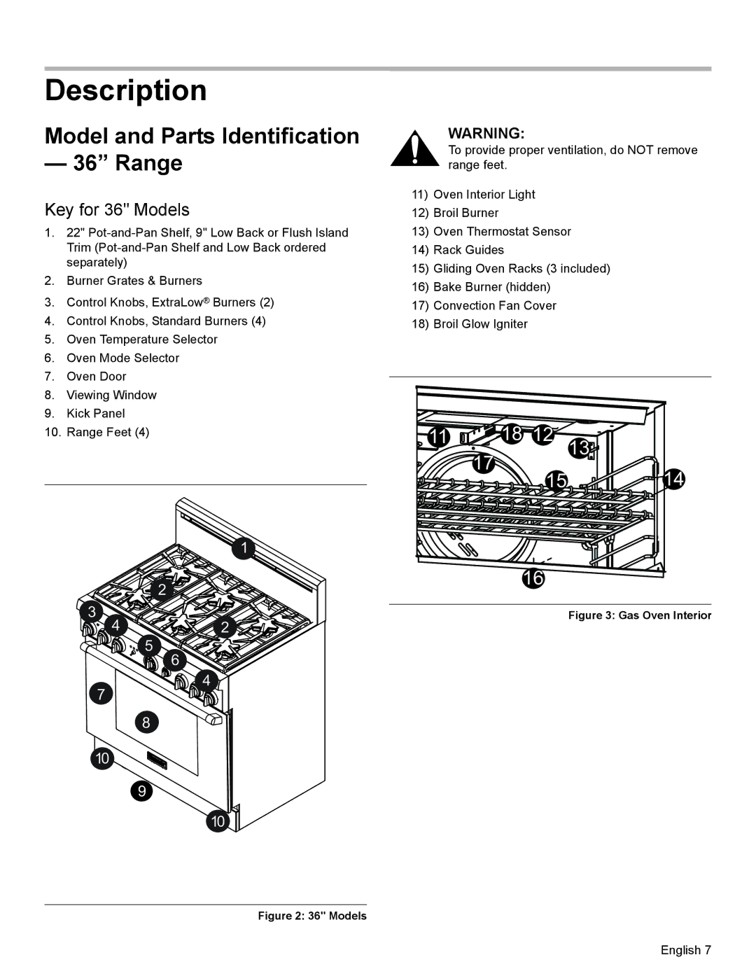 Thermador PRL36, PRG30, PRL30 manual Description, Model and Parts Identification Range, Key for 36 Models 