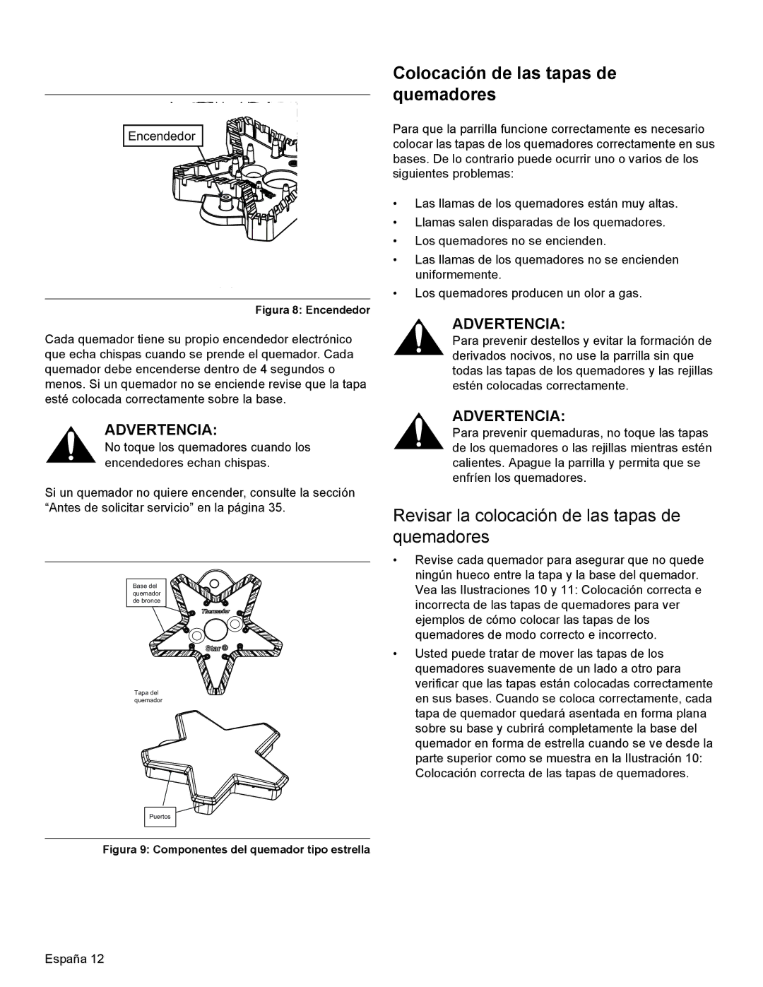 Thermador PRL36, PRG30, PRL30 manual Colocación de las tapas de quemadores, Revisar la colocación de las tapas de quemadores 