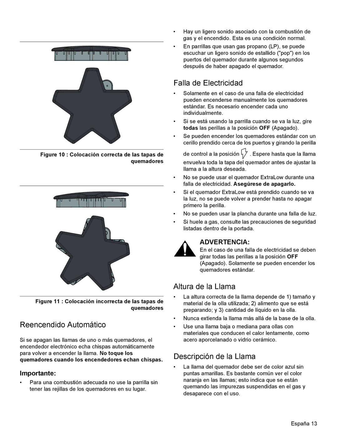 Thermador PRG30, PRL36, PRL30 Reencendido Automático, Falla de Electricidad, Altura de la Llama, Descripción de la Llama 