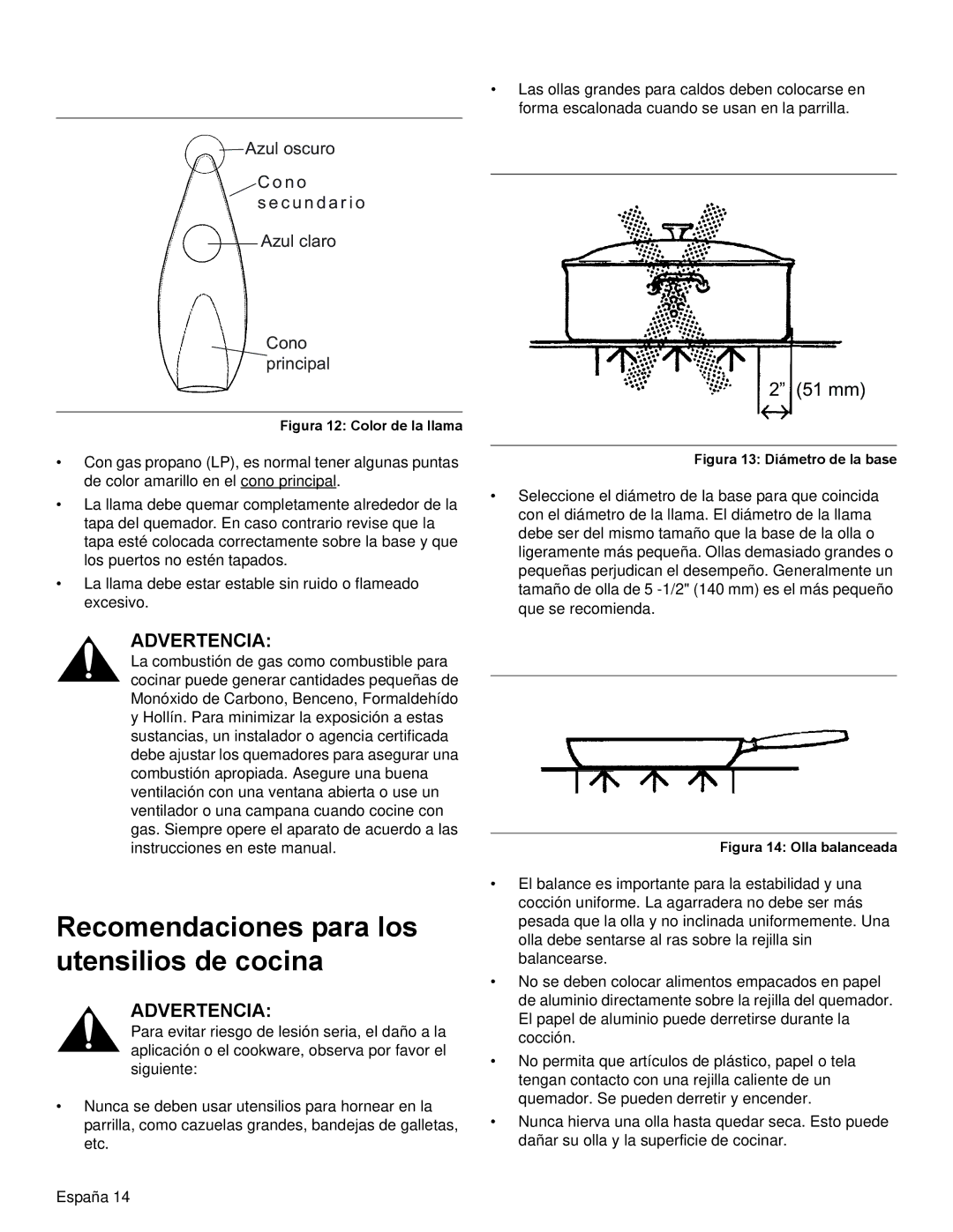 Thermador PRL30, PRL36, PRG30 manual Recomendaciones para los utensilios de cocina, Figura 12 Color de la llama 