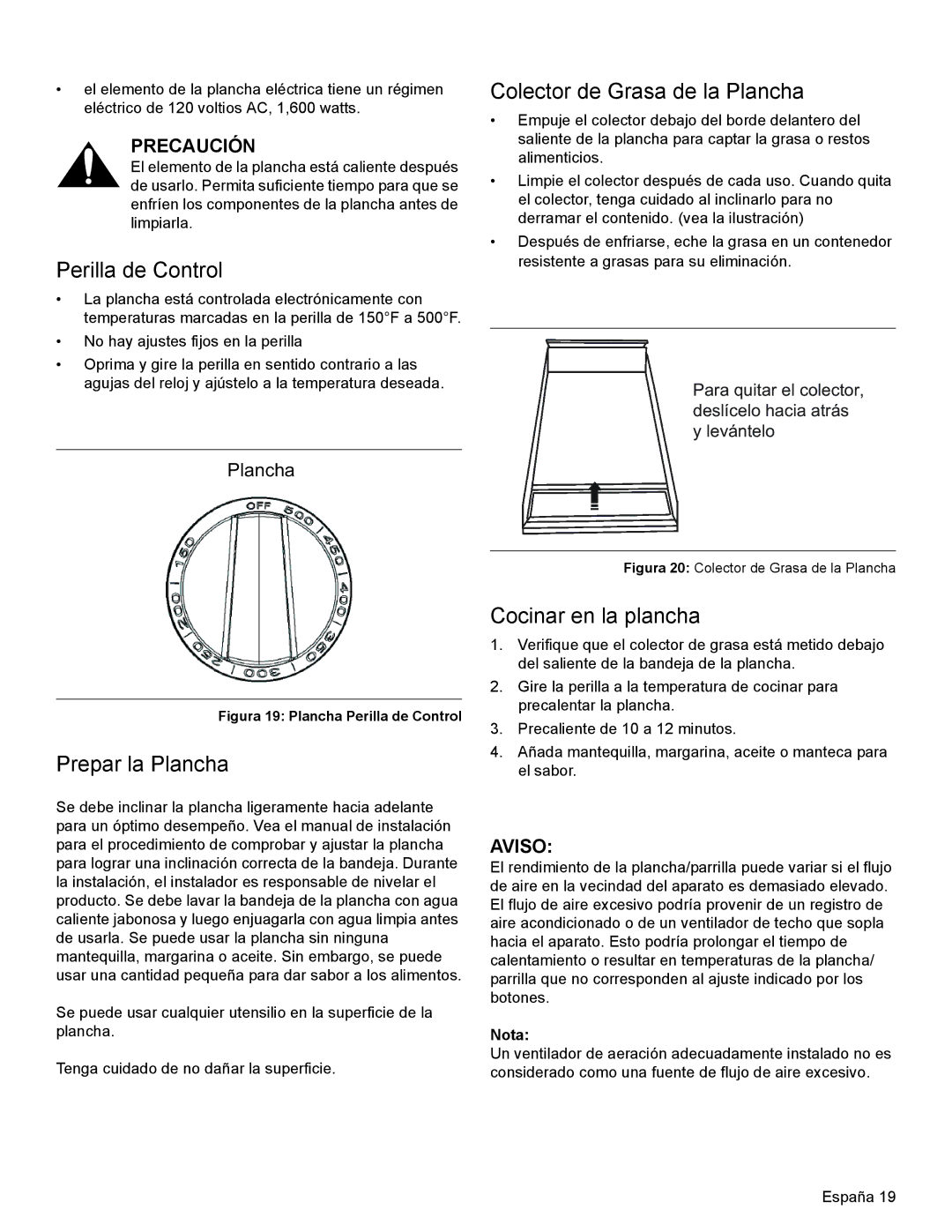 Thermador PRG30 manual Perilla de Control, Prepar la Plancha, Colector de Grasa de la Plancha, Cocinar en la plancha, Aviso 