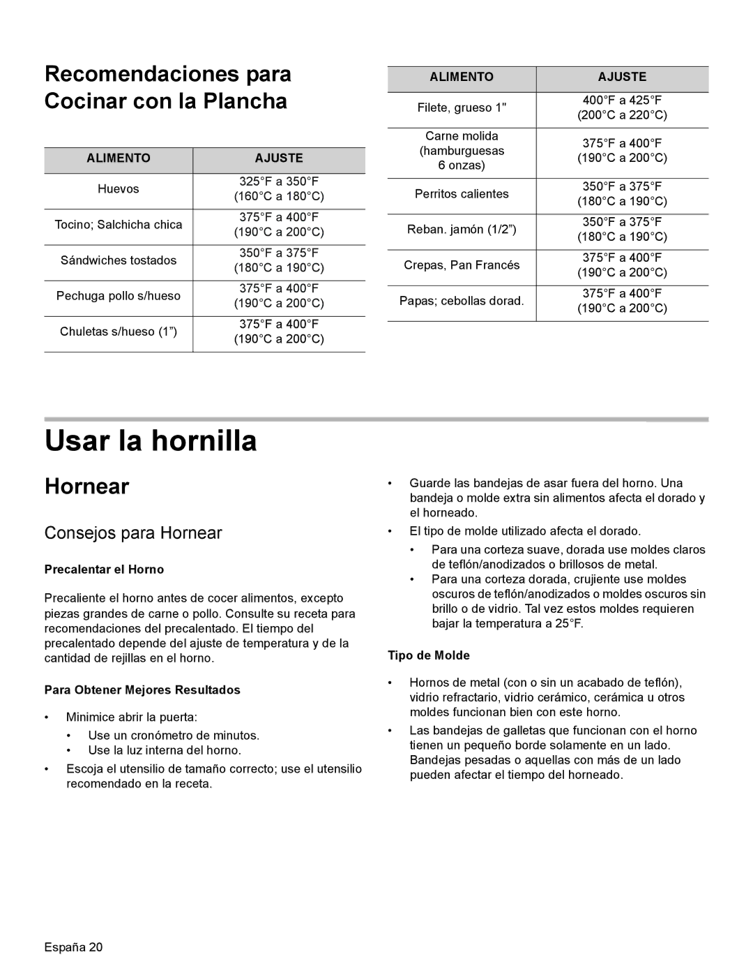 Thermador PRL30 Usar la hornilla, Recomendaciones para Cocinar con la Plancha, Consejos para Hornear, Alimento Ajuste 